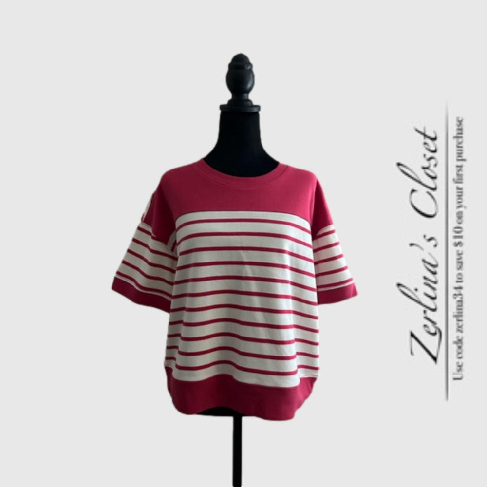 Marc New York Short Sleeve Striped Crop Crew Neck Knit Top Pink white Medium